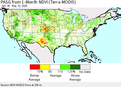 United States PASG from 1-Month NDVI (Terra-MODIS) Thematic Map For 5/24/2024 - 5/31/2024