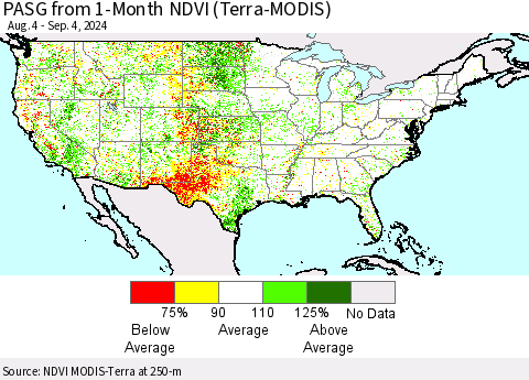 United States PASG from 1-Month NDVI (Terra-MODIS) Thematic Map For 8/28/2024 - 9/4/2024