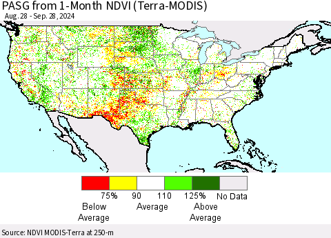 United States PASG from 1-Month NDVI (Terra-MODIS) Thematic Map For 9/21/2024 - 9/28/2024