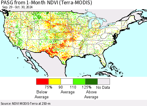 United States PASG from 1-Month NDVI (Terra-MODIS) Thematic Map For 10/23/2024 - 10/30/2024