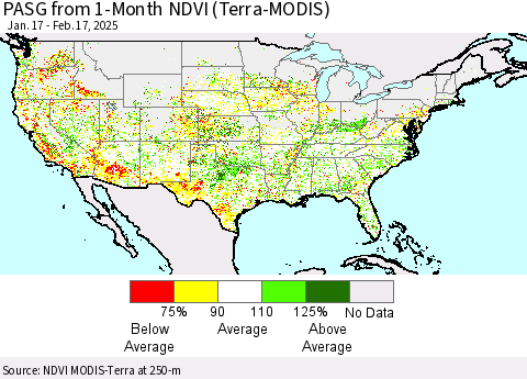 United States PASG from 1-Month NDVI (Terra-MODIS) Thematic Map For 2/10/2025 - 2/17/2025