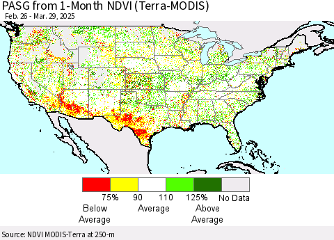 United States PASG from 1-Month NDVI (Terra-MODIS) Thematic Map For 3/22/2025 - 3/29/2025