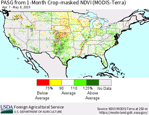 United States PASG from 1-Month Cropland NDVI (Terra-MODIS) Thematic Map For 5/1/2019 - 5/10/2019