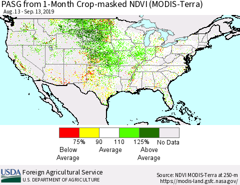 United States PASG from 1-Month Cropland NDVI (Terra-MODIS) Thematic Map For 9/11/2019 - 9/20/2019