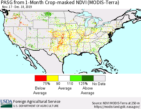 United States PASG from 1-Month Cropland NDVI (Terra-MODIS) Thematic Map For 12/11/2019 - 12/20/2019