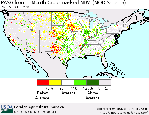 United States PASG from 1-Month Crop-masked NDVI (MODIS-Terra) Thematic Map For 10/1/2020 - 10/10/2020