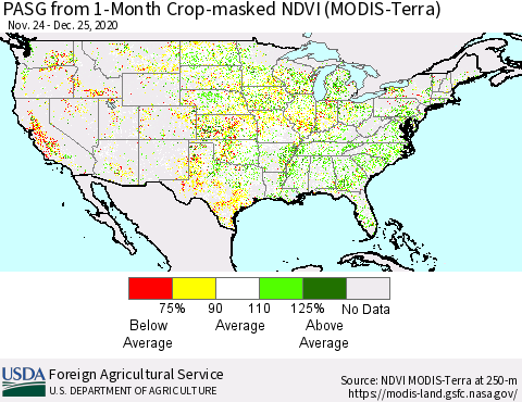 United States PASG from 1-Month Cropland NDVI (Terra-MODIS) Thematic Map For 12/21/2020 - 12/31/2020