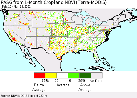 United States PASG from 1-Month Cropland NDVI (Terra-MODIS) Thematic Map For 3/6/2021 - 3/13/2021