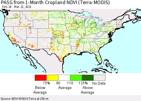 United States PASG from 1-Month Cropland NDVI (Terra-MODIS) Thematic Map For 3/14/2021 - 3/21/2021