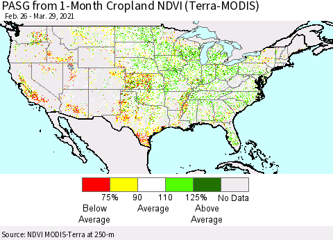 United States PASG from 1-Month Cropland NDVI (Terra-MODIS) Thematic Map For 3/22/2021 - 3/29/2021