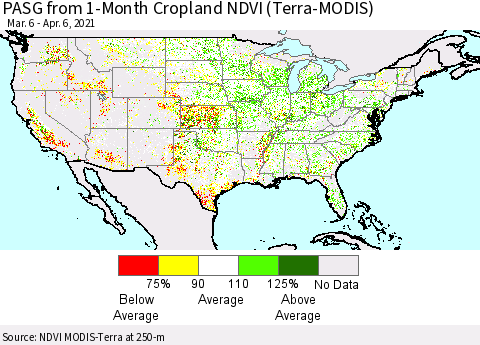 United States PASG from 1-Month Cropland NDVI (Terra-MODIS) Thematic Map For 3/30/2021 - 4/6/2021
