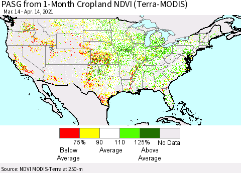 United States PASG from 1-Month Cropland NDVI (Terra-MODIS) Thematic Map For 4/7/2021 - 4/14/2021