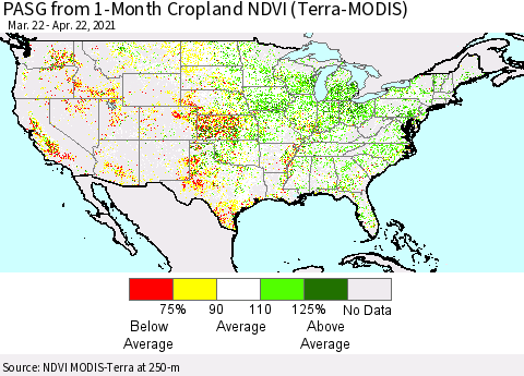 United States PASG from 1-Month Cropland NDVI (Terra-MODIS) Thematic Map For 4/15/2021 - 4/22/2021