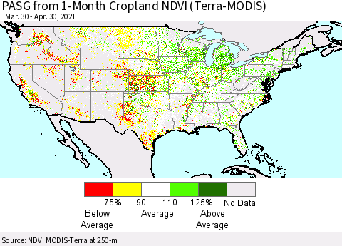 United States PASG from 1-Month Crop-masked NDVI (MODIS-Terra) Thematic Map For 4/21/2021 - 4/30/2021