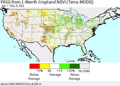 United States PASG from 1-Month Cropland NDVI (Terra-MODIS) Thematic Map For 5/1/2021 - 5/8/2021