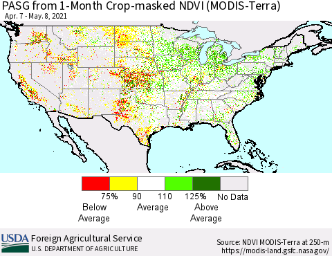 United States PASG from 1-Month Crop-masked NDVI (MODIS-Terra) Thematic Map For 5/1/2021 - 5/10/2021