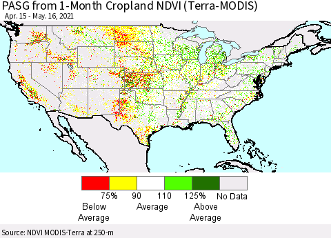 United States PASG from 1-Month Cropland NDVI (Terra-MODIS) Thematic Map For 5/9/2021 - 5/16/2021