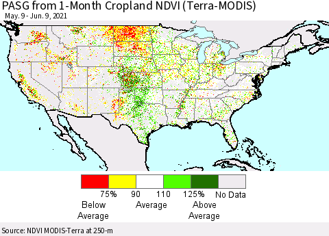 United States PASG from 1-Month Cropland NDVI (Terra-MODIS) Thematic Map For 6/2/2021 - 6/9/2021