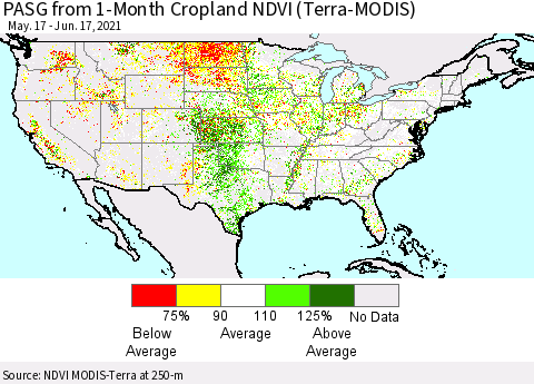 United States PASG from 1-Month Cropland NDVI (Terra-MODIS) Thematic Map For 6/10/2021 - 6/17/2021