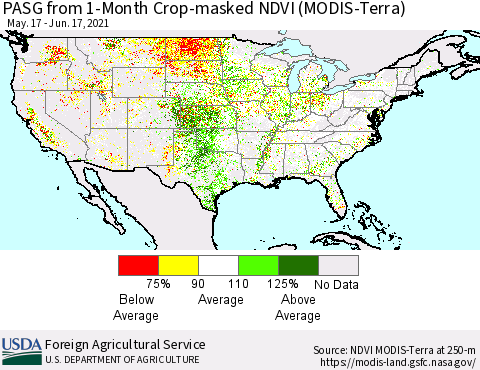 United States PASG from 1-Month Crop-masked NDVI (MODIS-Terra) Thematic Map For 6/11/2021 - 6/20/2021