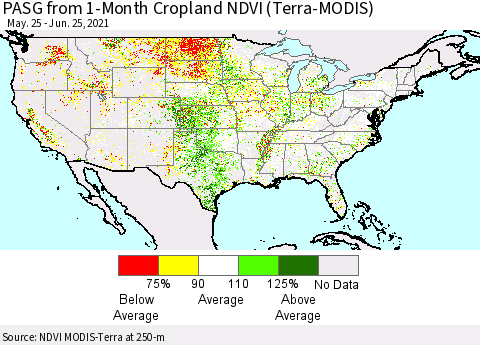 United States PASG from 1-Month Cropland NDVI (Terra-MODIS) Thematic Map For 6/18/2021 - 6/25/2021