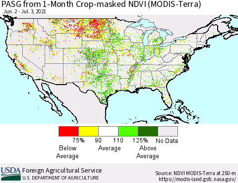 United States PASG from 1-Month Cropland NDVI (Terra-MODIS) Thematic Map For 7/1/2021 - 7/10/2021