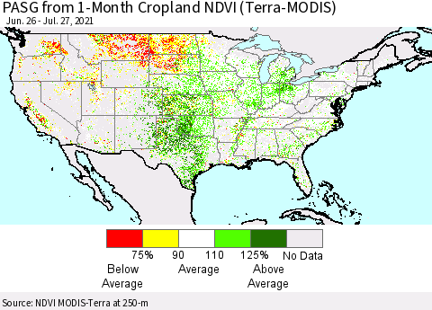 United States PASG from 1-Month Cropland NDVI (Terra-MODIS) Thematic Map For 7/20/2021 - 7/27/2021
