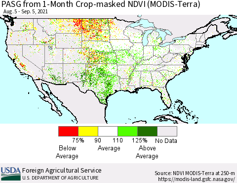 United States PASG from 1-Month Cropland NDVI (Terra-MODIS) Thematic Map For 9/1/2021 - 9/10/2021