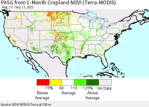 United States PASG from 1-Month Cropland NDVI (Terra-MODIS) Thematic Map For 9/6/2021 - 9/13/2021