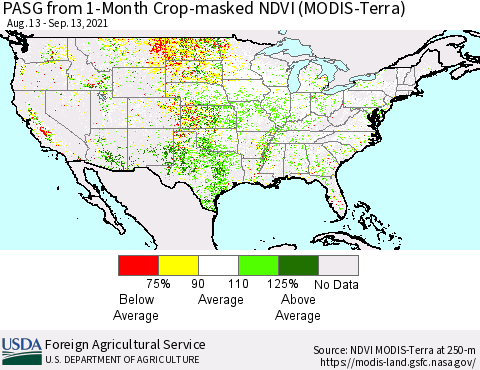 United States PASG from 1-Month Cropland NDVI (Terra-MODIS) Thematic Map For 9/11/2021 - 9/20/2021