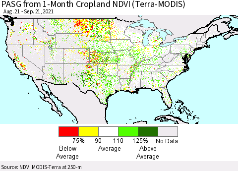 United States PASG from 1-Month Cropland NDVI (Terra-MODIS) Thematic Map For 9/14/2021 - 9/21/2021