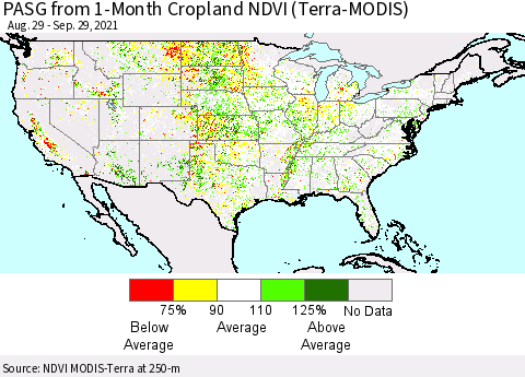 United States PASG from 1-Month Cropland NDVI (Terra-MODIS) Thematic Map For 9/22/2021 - 9/29/2021