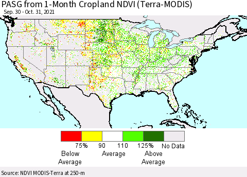 United States PASG from 1-Month Cropland NDVI (Terra-MODIS) Thematic Map For 10/24/2021 - 10/31/2021