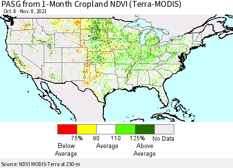 United States PASG from 1-Month Cropland NDVI (Terra-MODIS) Thematic Map For 11/1/2021 - 11/8/2021
