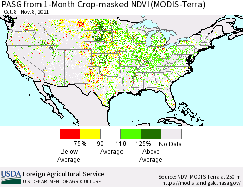 United States PASG from 1-Month Cropland NDVI (Terra-MODIS) Thematic Map For 11/1/2021 - 11/10/2021