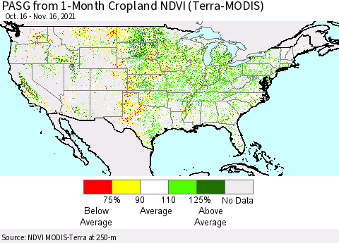 United States PASG from 1-Month Cropland NDVI (Terra-MODIS) Thematic Map For 11/9/2021 - 11/16/2021
