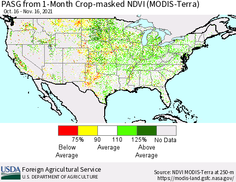 United States PASG from 1-Month Cropland NDVI (Terra-MODIS) Thematic Map For 11/11/2021 - 11/20/2021