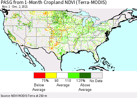 United States PASG from 1-Month Cropland NDVI (Terra-MODIS) Thematic Map For 11/25/2021 - 12/2/2021