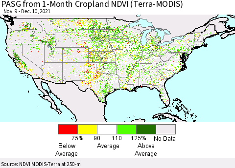 United States PASG from 1-Month Cropland NDVI (Terra-MODIS) Thematic Map For 12/1/2021 - 12/10/2021