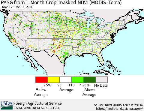 United States PASG from 1-Month Cropland NDVI (Terra-MODIS) Thematic Map For 12/11/2021 - 12/20/2021