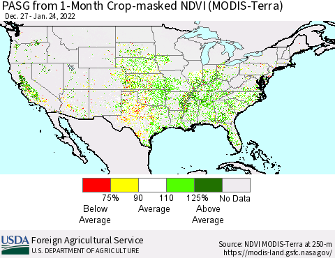 United States PASG from 1-Month Cropland NDVI (Terra-MODIS) Thematic Map For 1/21/2022 - 1/31/2022