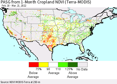 United States PASG from 1-Month Cropland NDVI (Terra-MODIS) Thematic Map For 3/14/2022 - 3/21/2022