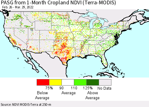 United States PASG from 1-Month Cropland NDVI (Terra-MODIS) Thematic Map For 3/22/2022 - 3/29/2022
