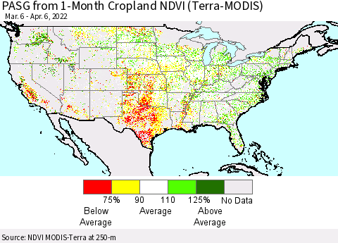 United States PASG from 1-Month Cropland NDVI (Terra-MODIS) Thematic Map For 3/30/2022 - 4/6/2022
