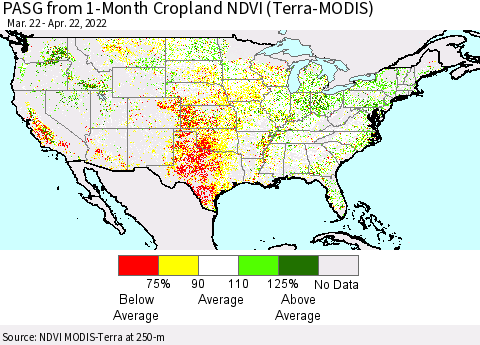 United States PASG from 1-Month Cropland NDVI (Terra-MODIS) Thematic Map For 4/15/2022 - 4/22/2022