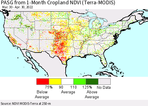 United States PASG from 1-Month Cropland NDVI (Terra-MODIS) Thematic Map For 4/21/2022 - 4/30/2022