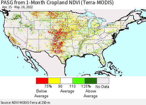 United States PASG from 1-Month Cropland NDVI (Terra-MODIS) Thematic Map For 5/9/2022 - 5/16/2022