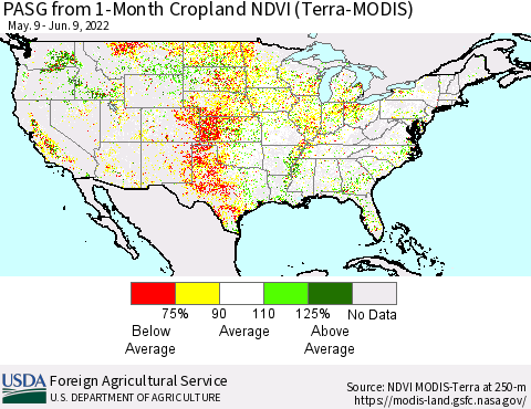United States PASG from 1-Month Cropland NDVI (Terra-MODIS) Thematic Map For 6/1/2022 - 6/10/2022