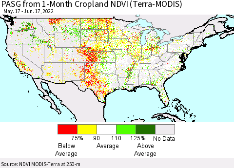 United States PASG from 1-Month Cropland NDVI (Terra-MODIS) Thematic Map For 6/10/2022 - 6/17/2022