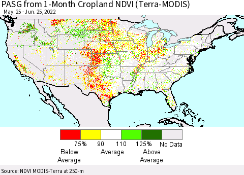 United States PASG from 1-Month Cropland NDVI (Terra-MODIS) Thematic Map For 6/18/2022 - 6/25/2022